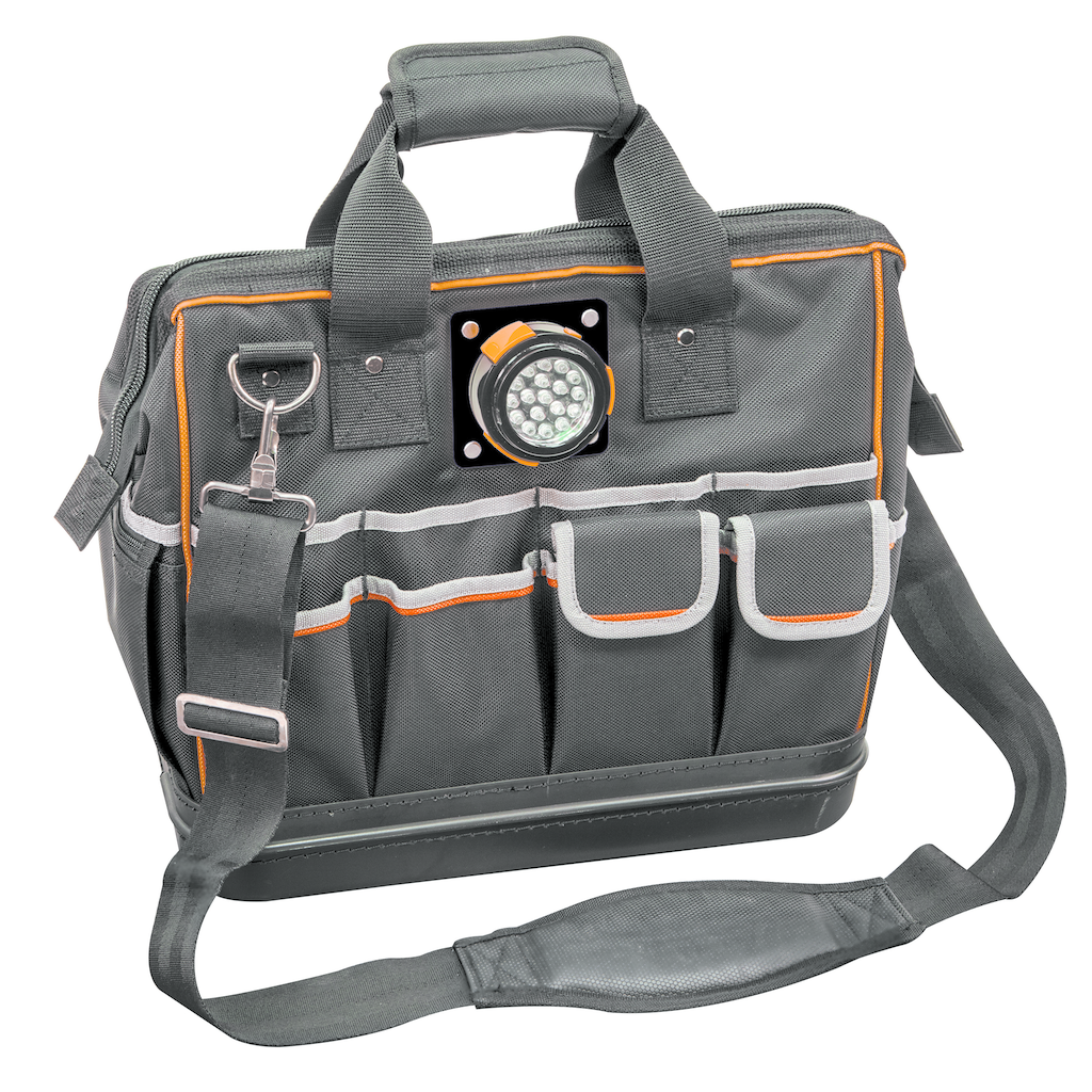 LED light illuminates 31 pockets in tool bag