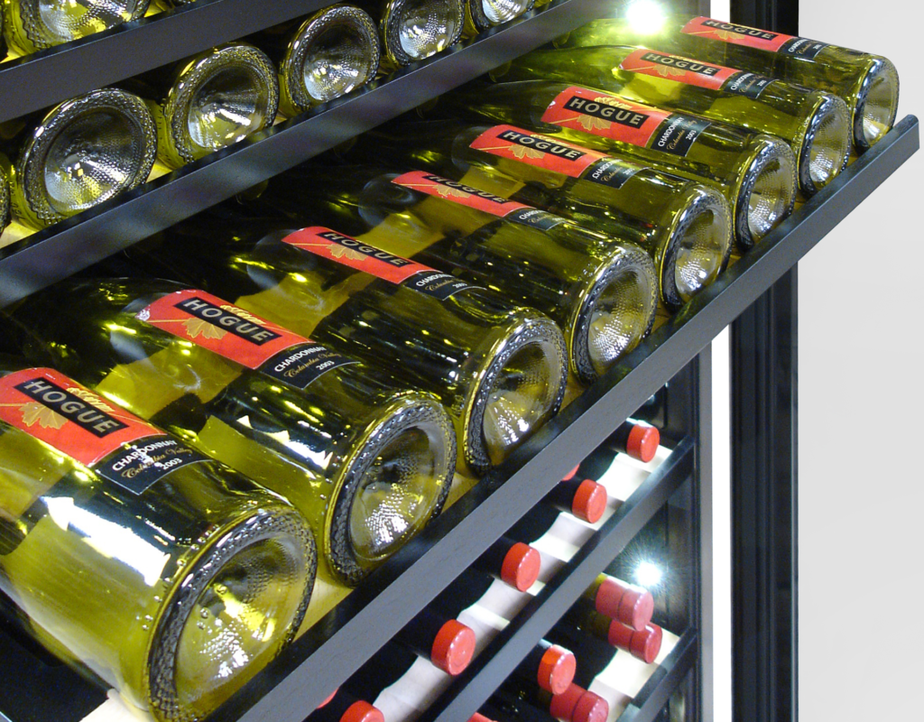 Adjustable shelving in cooler accommodates 300 bottles