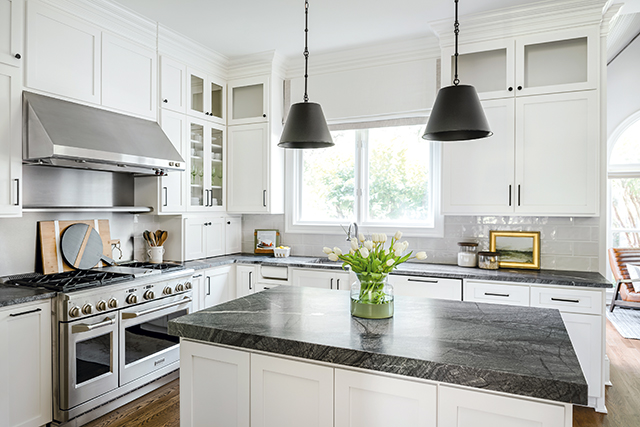 white kitchen cabinets with grey countertops