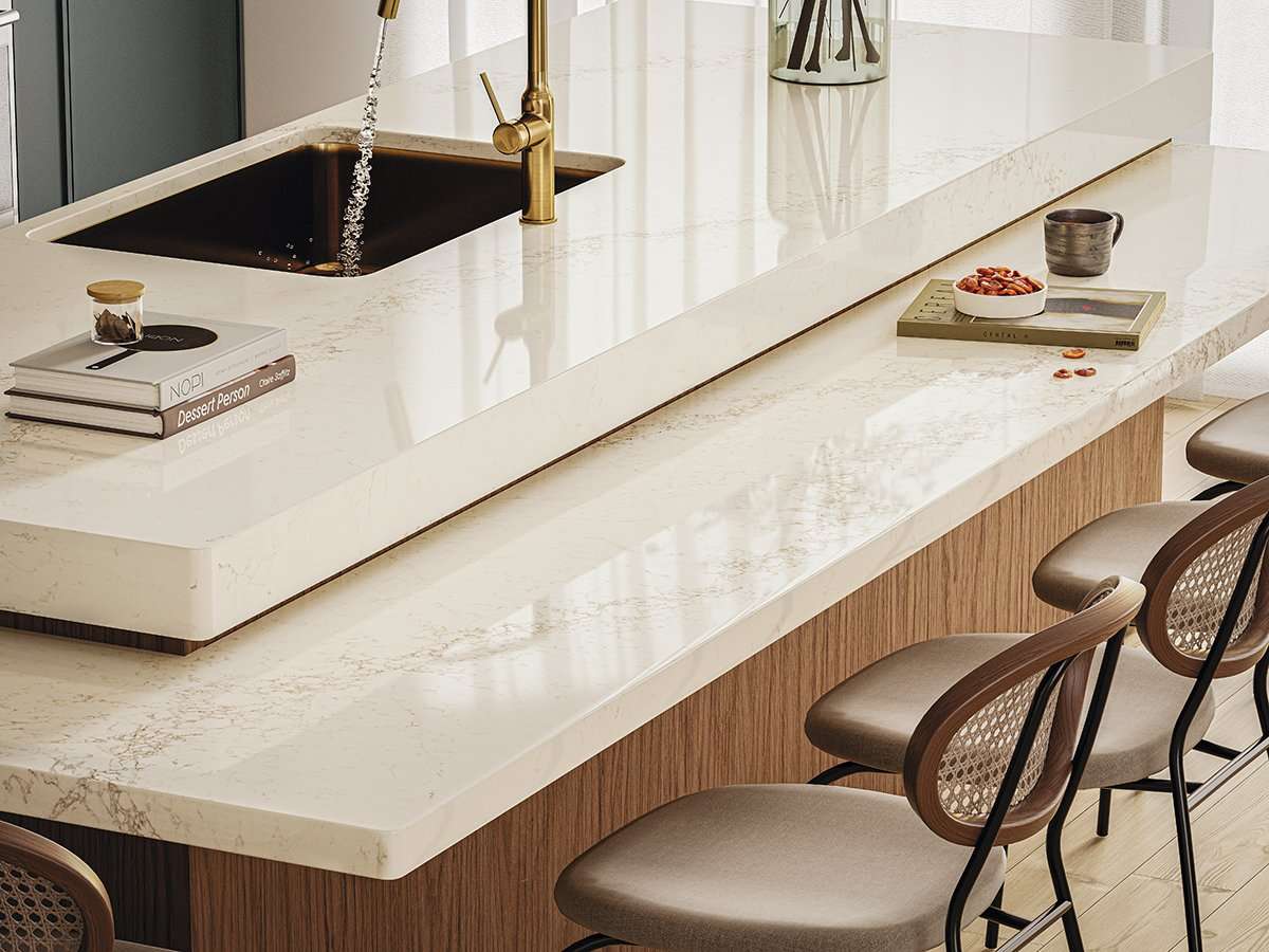 Creamy white quartz with grey, brown, and green vein undertones