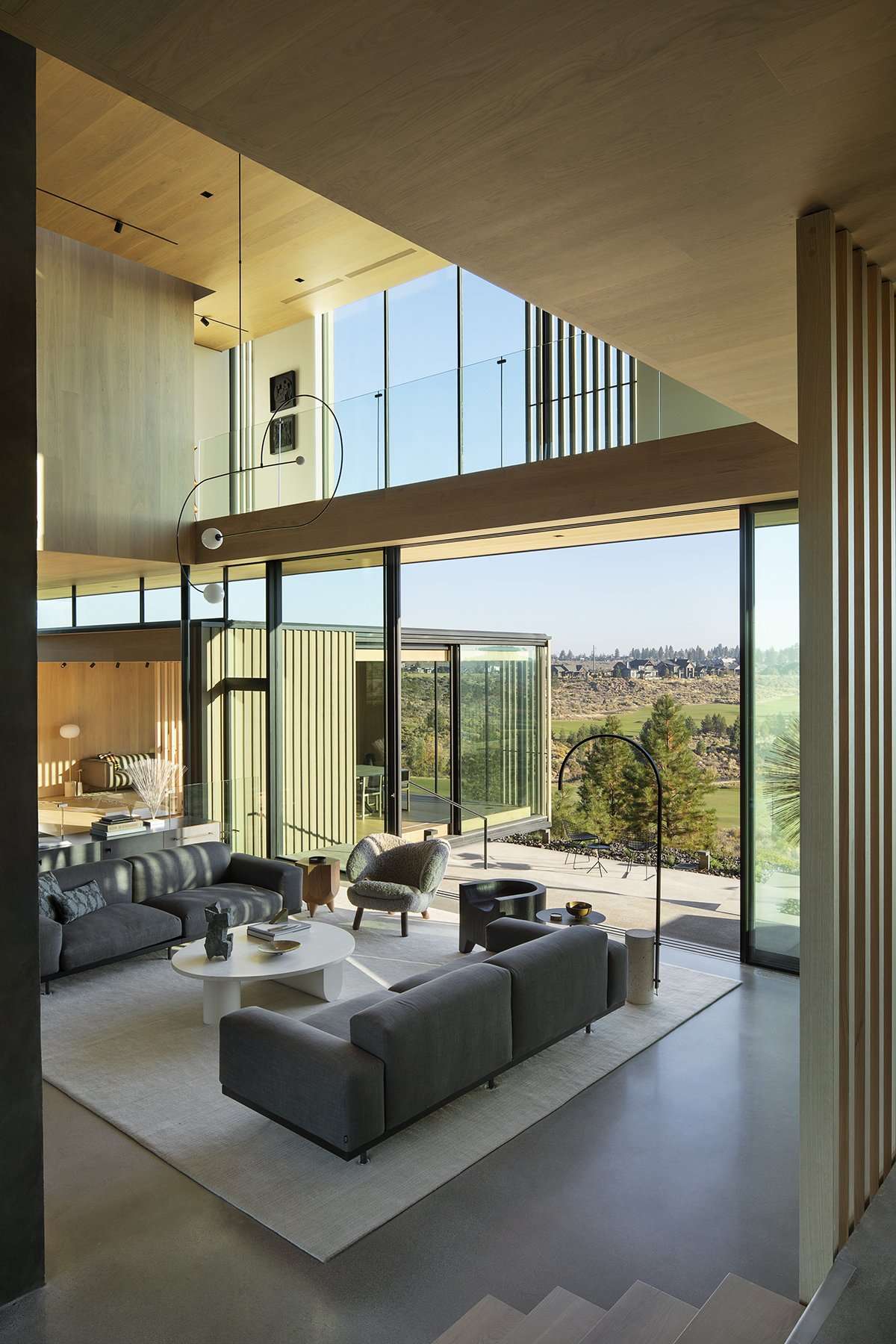 Wood clad two story living room