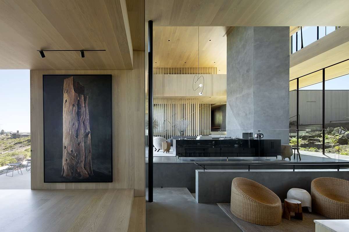 Living room and side view of kitchen in modern home