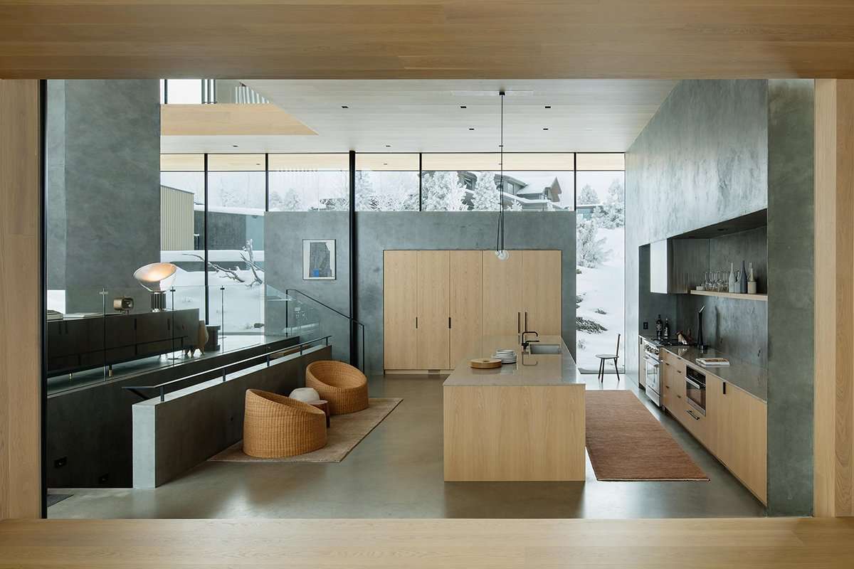 Sideview of modern open kitchen with an island