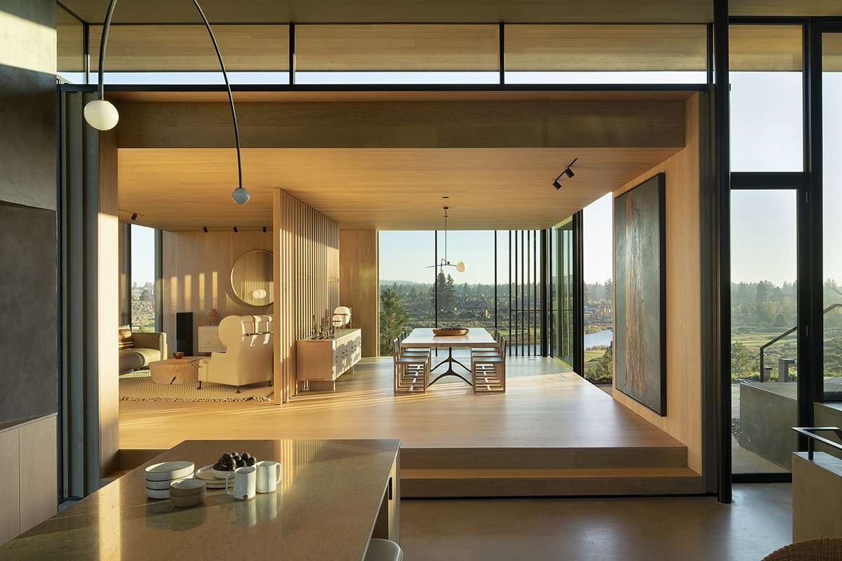 View from kitchen into open dining room