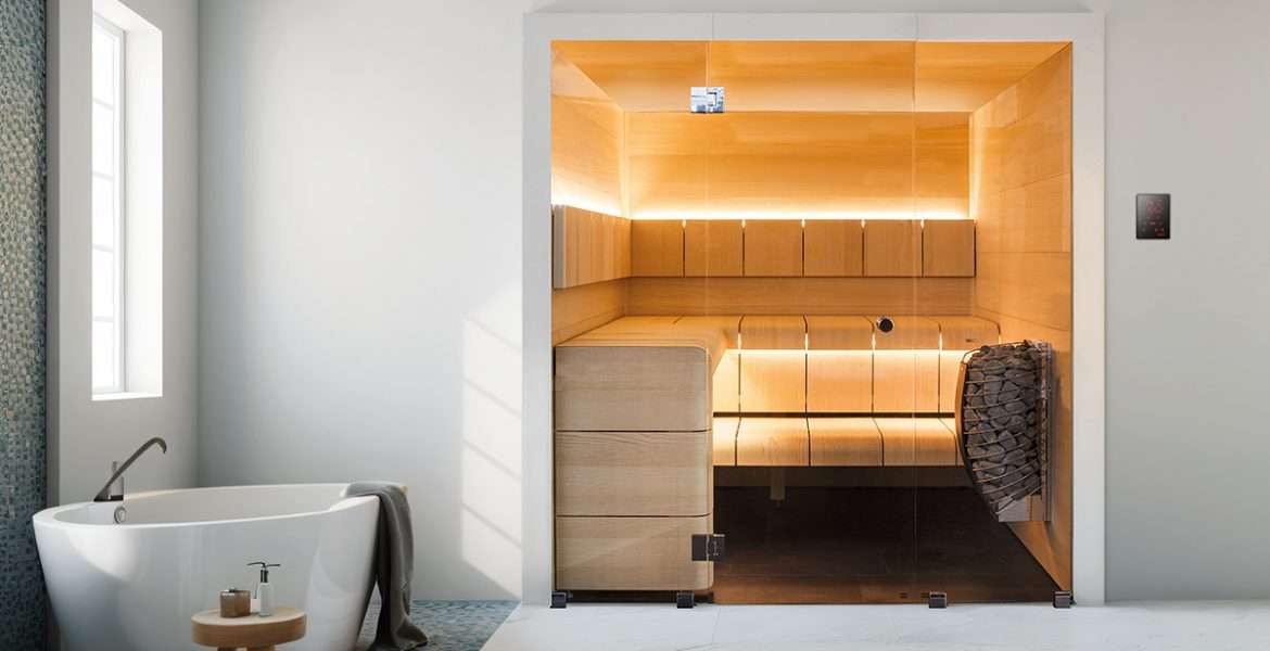 Bathroom with tub and sauna