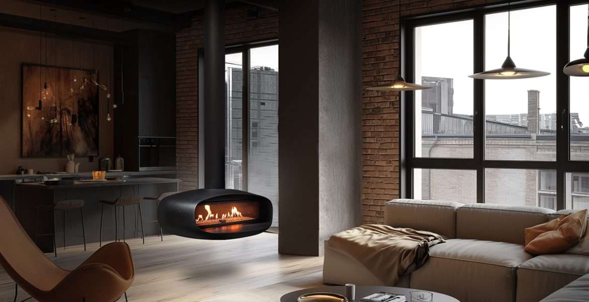 Moody living room with floating fireplace